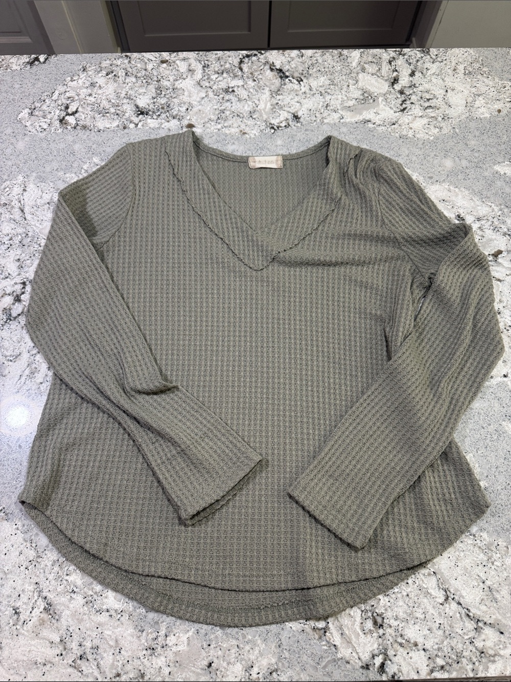 Altar'd State Olive Green Waffle V-Neck Long Sleeve Top